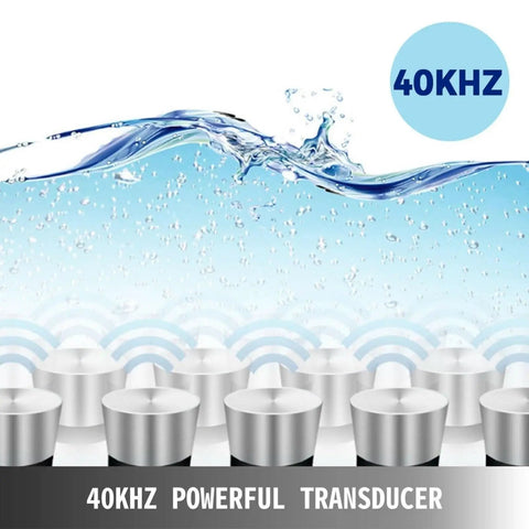 Top Shelf 30 Liter Heavy Duty Ultrasonic Cleaner With Stainless Steel Tank And Smart Heat Cycle, Digital Timer showing water waves and powerful 40KHz transducers.