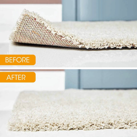 Before and after using Double Sided Rug Tape And Reusable Rug Stopper Set For Hardwood Tile And Carpet Floors Non Slip Stay Put Grip Washable Rug Grippers 10 Pcs Triangle Design For Corner Edges And Prevents Curl on a beige rug.