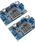 Adjustable DC Buck Converter Module With Digital Voltage Meter Display Input Four To Forty Volts Output One Point Two Five To Thirty Seven Volts Three Amps Pack Of Two Dope LED Readout For DIY Enthusiasts And Hobbyists close-up view