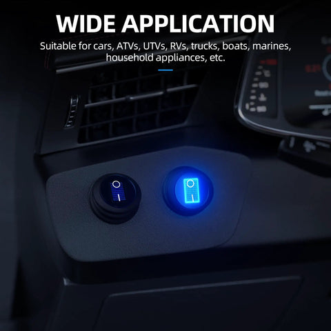 Dashboard view of 12V Waterproof Round Rocker Switch With Blue LED Light 3 Pin On Off 20A Weatherproof Marine Grade Toggle