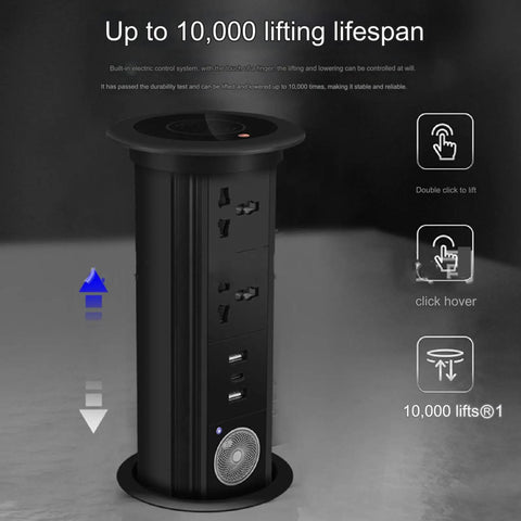 Slick Pop Up Power Strip With Built In Wireless Charging And Touch Controls That Lifts Smoothly From Desktop Or Kitchen Counter For A Hassle Free Clean Workspace Game Changer, showing black design.