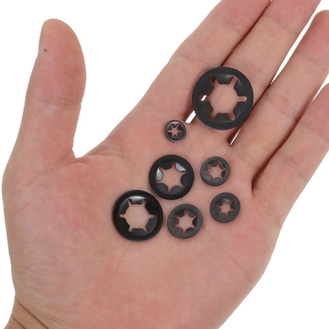 Internal Tooth Lock Washers Push On Clips Fasteners Assortment Kit 340 Pieces Mn Steel Black Oxide Finish in hand
