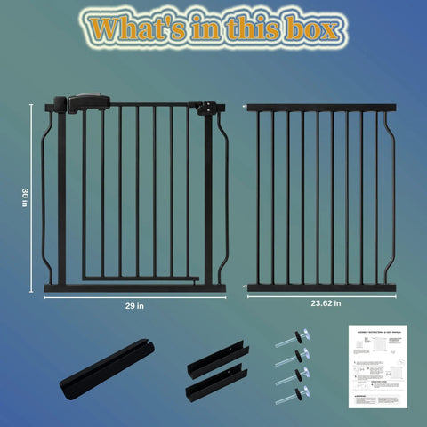 Contents of Extra Wide 30 Inch Tall Baby Gate For Doorways And Stairs, Pressure Mounted Black Metal Gate For Pets, including parts.