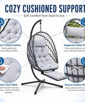 Chill Hanging Egg Chair With Stand And Retractable Footrest In Dark Gray Frame Wicker Rattan Swing Chair With Thick Cushion And Headrest