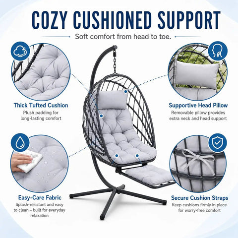 Chill Hanging Egg Chair With Stand And Retractable Footrest In Dark Gray Frame Wicker Rattan Swing Chair With Thick Cushion And Headrest
