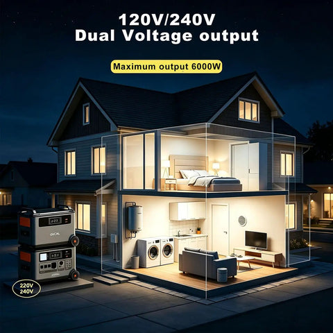 Heavy Solar Generator Portable Power Station with dual voltage output, powering home appliances, visible in nighttime setting.