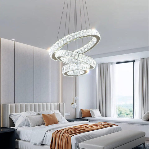 Modern Gold Finish Three Ring LED Crystal Chandelier Pendant Light For Living Room Dining Room Bedroom Foyer With Adjustable Height And 50W Power 85 265 Volt Cool White in bedroom setting