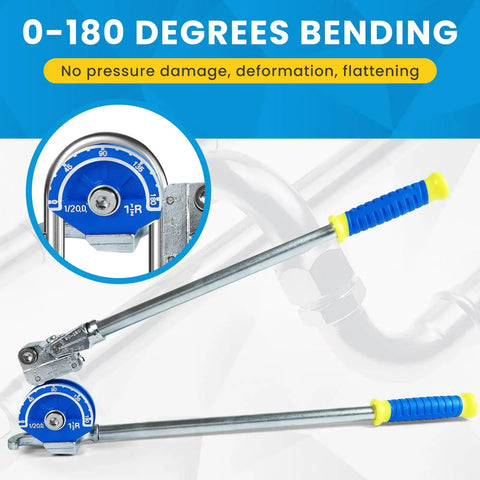 Heavy Duty 1/2 Inch Tubing Bender With 180 Degree Angle for precise bending, features dual handles and blue gauge for accuracy.