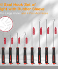 8 Piece Auto Tool Set With Precision Oil Seal Picks And Mechanical Device Picks, showcasing 6.4 in and 10 in hooks.
