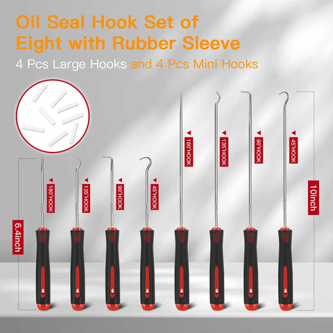 8 Piece Auto Tool Set With Precision Oil Seal Picks And Mechanical Device Picks, showcasing 6.4 in and 10 in hooks.
