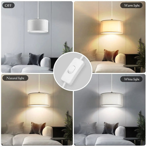 Plug In Pendant Light With 15 Foot White Cord And On Off Switch Double Linen Shade Fabric Design For Soft Warm Glow options
