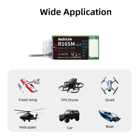 16 Channel Mini FPV Receiver SBUS CRSF Long Range For Micro Drones And Quadcopters with compatibility icons for various devices.