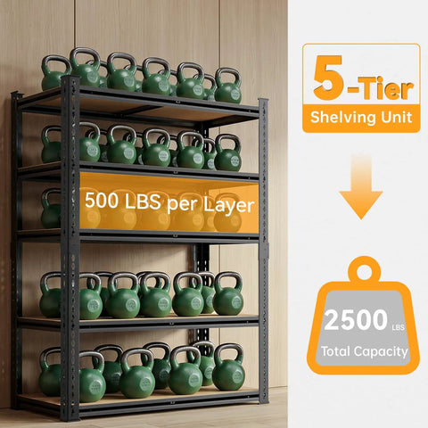 Beefed-Up Heavy Duty 5 Tier Adjustable Metal Shelving Unit With 2500 Lbs Capacity Ultra Sturdy Storage Rack For Garage Warehouse Pantry Closet And Kitchen Organization, 5-tier metal rack with 500 lbs per shelf