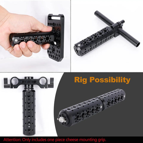 Rock Solid Cheese Mount Camera Extension Handle Grip For Pro DSLR Video Rig Setup With Full Body Threading And Reliable Arri Quarter Inch Mounts For Shoot Ready Filmmaking Support, shown in hand and multiple angles.