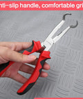 Heavy Duty 8 Inch Offset Spark Plug Boot Puller Pliers With Cushioned Grip and Razor Wire Cutter Jaw showing ergonomic anti-slip handles.