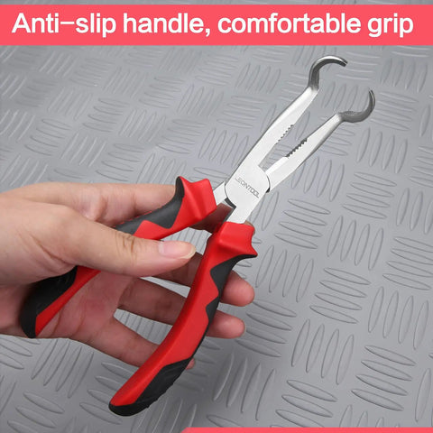 Heavy Duty 8 Inch Offset Spark Plug Boot Puller Pliers With Cushioned Grip and Razor Wire Cutter Jaw showing ergonomic anti-slip handles.