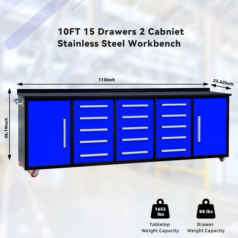 Heavy Duty Steel Storage Cabinet With Beefy Work Bench Featuring Fifteen Non Slip Drawers And Two Massive Doors For Badass Garage Tool Organizer Shelf Setup, blue workbench with measurements.