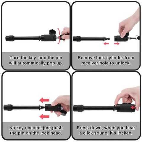 Five Eighth Inch Trailer Hitch Lock With Extra Long Four And A Half Inch Span For Three Inch Receivers Plus Two And A Half Inch And Two Inch Adapters Anti Rattle O Rings Locking Hitch Pin usage instructions.