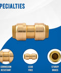 Plug And Play Three Quarter Inch To Three Quarter Inch Push Fit Straight Brass Couplings No Sweat Leak Proof Plumbing Connector Tool Free Pipe Joiner Get It Done Fast Pack Of Twenty Pieces image showing a brass coupler with corrosion resistant surface.