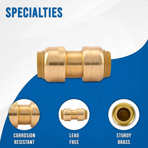 Plug And Play Three Quarter Inch To Three Quarter Inch Push Fit Straight Brass Couplings No Sweat Leak Proof Plumbing Connector Tool Free Pipe Joiner Get It Done Fast Pack Of Twenty Pieces image showing a brass coupler with corrosion resistant surface.