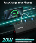Flat Plug Power Strip With Individual Switches, Ultra Thin 10 Ft Extension Cord charging phone, 20W USB-C, black