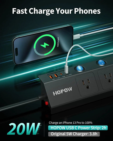 Flat Plug Power Strip With Individual Switches, Ultra Thin 10 Ft Extension Cord charging phone, 20W USB-C, black