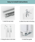 Installation guide for Closet Sliding Barn Doors Set, 72 Inches By 80 Inches, showing top track, roller attachment, and floor guide.