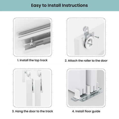 Installation guide for Closet Sliding Barn Doors Set, 72 Inches By 80 Inches, showing top track, roller attachment, and floor guide.