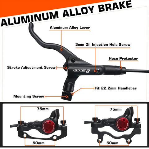 MTB Hydraulic Disc Brake Set With Aluminum Lever Dual Piston Calipers details on lever and calipers dimensions