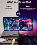 Under Monitor RGB Light Bar For Dope Desk Setup USB Powered LED Ambient Light with gaming scene before and after comparison