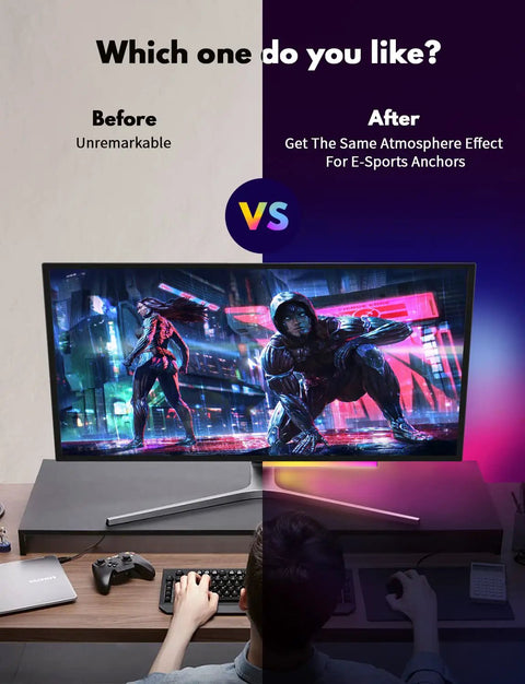 Under Monitor RGB Light Bar For Dope Desk Setup USB Powered LED Ambient Light with gaming scene before and after comparison