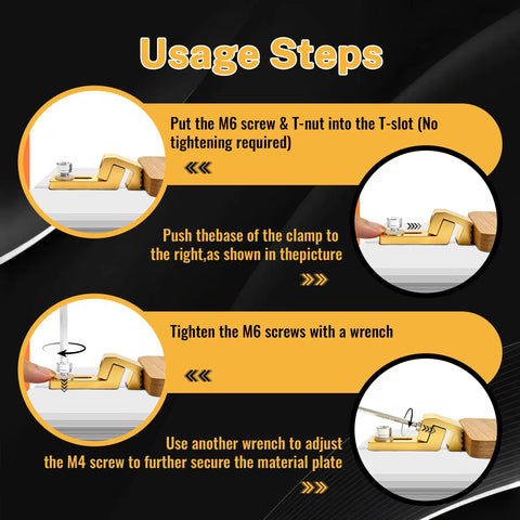 Usage instructions for Rock Solid 2 Pack Low Profile Aluminum Hold Down Clamps For CNC Router Engraving 3018 Pro Max Ultra with serrated grip.