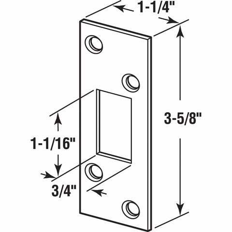 Diagram of Brass Plated High Security Deadbolt Door Strike For Residential Jambs, Reinforces Deadbolt Area, 3/4 In By 1-1/16 In Bolt Opening, Net Size 1-1/4 In By 3-5/8 In, Heavy Gauge Stamped Steel, Easy Install, Single Pack with dimensions