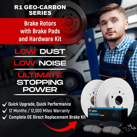 R1 Concepts Front Brake Kit For 2007 to 2009 Chrysler Sebring Sedan Stops Hard With Durable Rotors And Pads That Keep Your Ride Safe And Smooth On The Road. brake rotors, ceramic pads, hardware kit