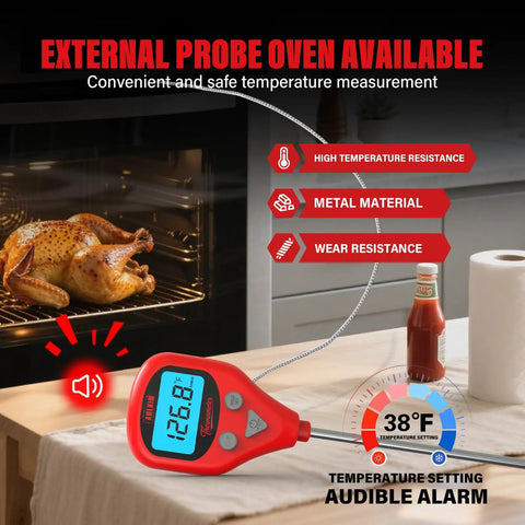 40 Inch Leave-In Digital Meat Thermometer With External Probe showing 126.8°F, used beside an oven with roast chicken, IP67 Waterproof.