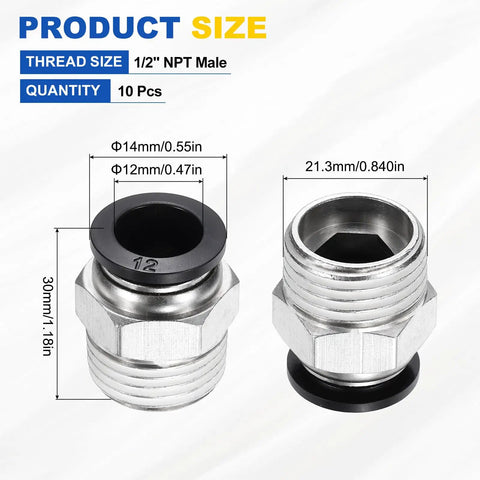 10 Piece Push to Connect Fittings Kit for 0.47 in Tubing, 1/2 NPT Male, Nickel Plated Brass Straight Pneumatic Adapters image