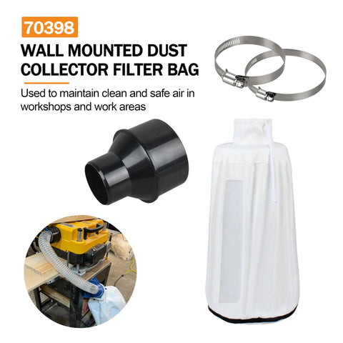 Heavy Duty Dust Collector Bag And Hose Reducer For Woodworking Planers with a black cone adapter and clamps.