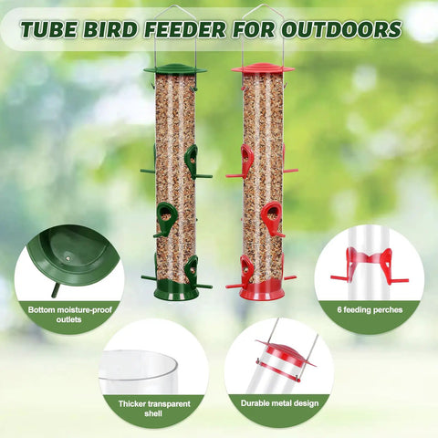 Double Pack Tube Bird Feeder With 6 Ports Hanging Design For Backyard Birds Weatherproof Hard Plastic With Steel Hanger