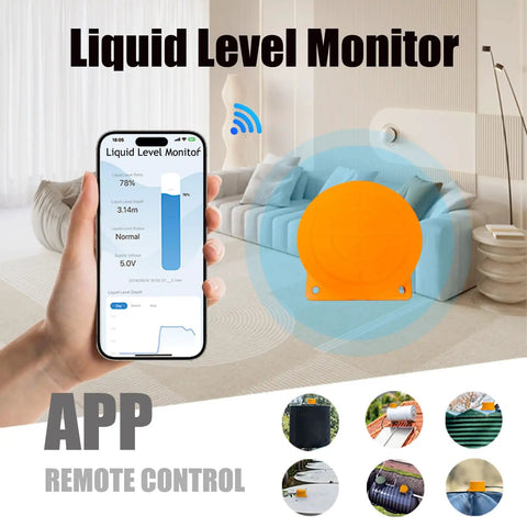 Smart WiFi Water Level Sensor For Tanks With Remote Tuya Smart Life App Alerts and orange housing in use