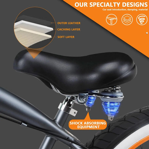 Shock-absorbing seat of Fat Tire Cruiser Bike With 7 Speed Shimano, Iconic Stretch Chopper Frame, Beach Cruiser Style