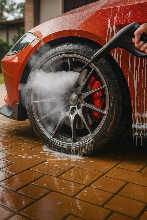 Heavy Duty Steam Cleaner Kit Packing One Thousand Fifty Watts Of Scalding Vapor For Forty Five Minutes Of No Sweat Scrubbing on car wheel.