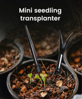 Handheld Seed Spreader Kit for Small Seeds, Easy One Handed Seed Planter With 5 Degree Drop, tools in garden soil with seedlings