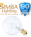 Aromatic Wax Warmer Small Globe Bulbs G16.5 25W E12 Candelabra Base with clear glass showcasing filament and Simba Lighting logo.