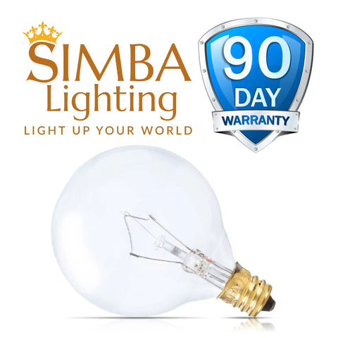 Aromatic Wax Warmer Small Globe Bulbs G16.5 25W E12 Candelabra Base with clear glass showcasing filament and Simba Lighting logo.