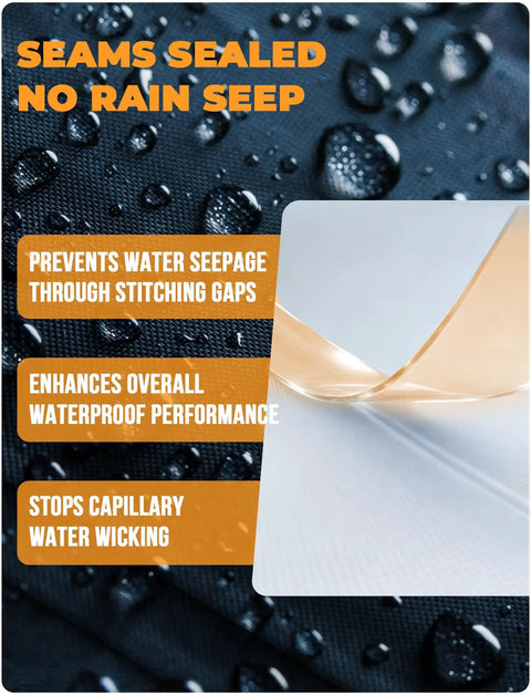 Hooded Rain Poncho For Adults Waterproof Lightweight Rain Jacket For Men And Women Reusable Emergency Camping Gear Sea Blue One Size With Sealed Seams And TPU Coating close-up of sealed seams with droplets demonstrating waterproof feature.