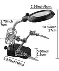 Helping Hands Magnifying Glass Soldering Station with LED Lighted Magnifier, alligator clip clamps, detailed dimensions shown