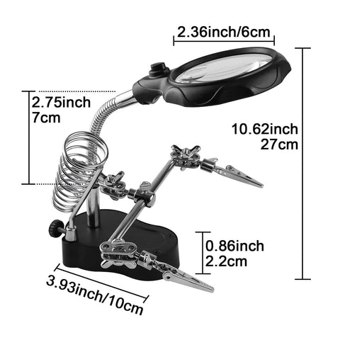 Helping Hands Magnifying Glass Soldering Station with LED Lighted Magnifier, alligator clip clamps, detailed dimensions shown