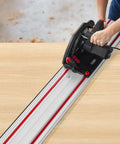 Heavy Duty Track Saw Guide Rail Kit Featuring Four Durable Aluminum Extrusion Bars And Three Secure Snap Lock Connectors For Instant Straight Shots And Killer Precision On Every Woodworking Build, cutting wood.