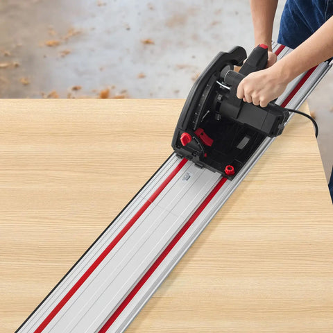 Heavy Duty Track Saw Guide Rail Kit Featuring Four Durable Aluminum Extrusion Bars And Three Secure Snap Lock Connectors For Instant Straight Shots And Killer Precision On Every Woodworking Build, cutting wood.
