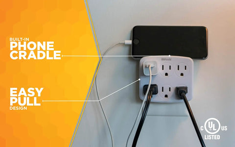 Six Outlet Wall Adapter Turns One Outlet Into Six Grounded Ports With Built In Phone Cradle Space Saving White Electrical Outlet Extender